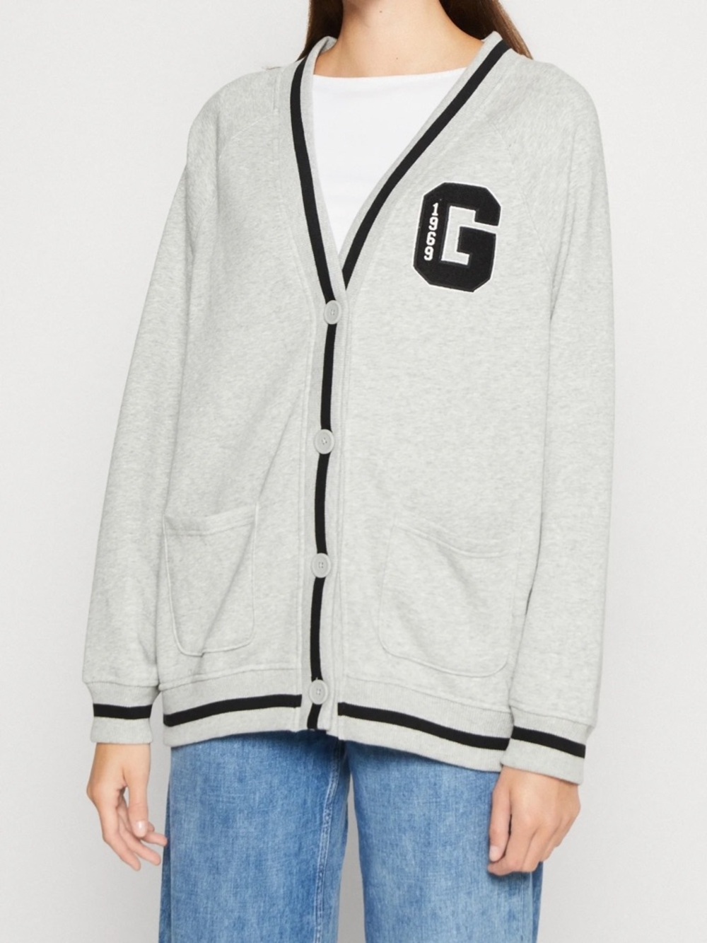 G Logo Grey V-Neck Button Cardigan Sweater